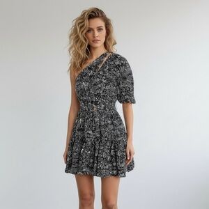 Jonathan Simkhai Black Abstract Fern White Short Sleeve One-Shoulder Mini Dress